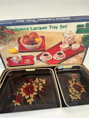 Vintage Lacquer Tray Set for Tea Coffee Serving Floral Japan Style